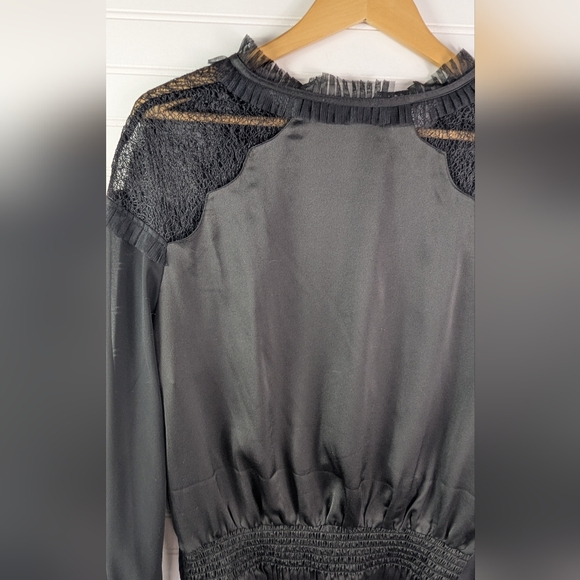 Gracia Black Lace Trim Long Sleeve Satin Cinch Waist Blouse L - Picture 7 of 7